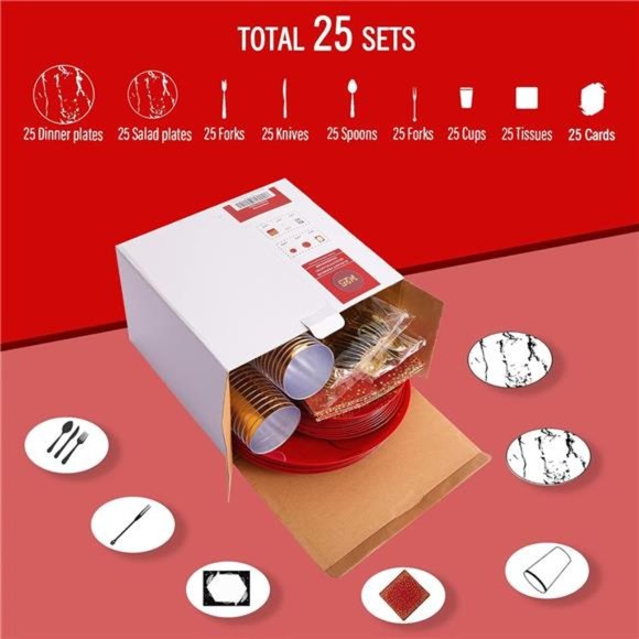 Red Gold Plastic Plates Set, Disposable Dinnerware Set Include 25 Dinner Plates - Picture 2 of 8